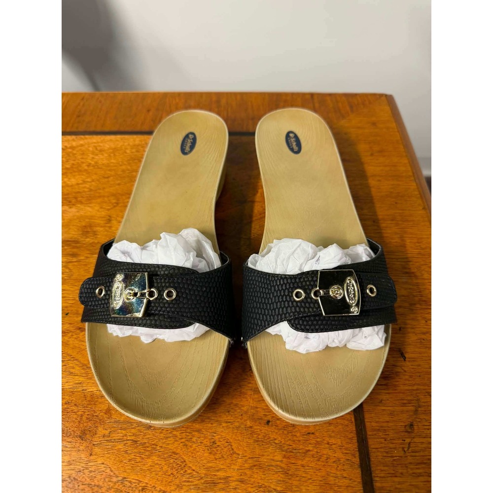 Dr. Scholls Womens 8 Black Sandals Classic Slide Snakeskin Buckle Wedge